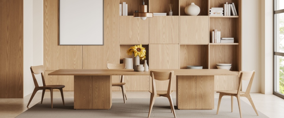 Modern dining area inside a micro-apartment with beige walls, concrete floor, long wooden table, chairs, and built-in bookshelves in a compact open interior.