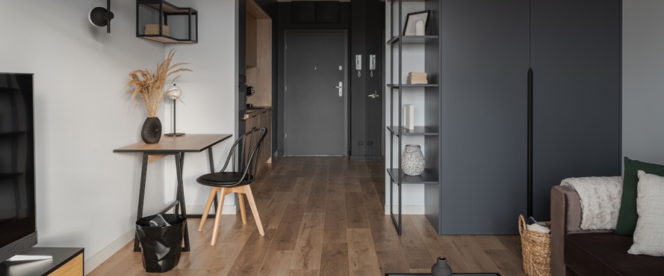 Stylish micro-apartment for one with a living room connected to a home office and a corridor kitchen, showcasing a compact and efficient layout.