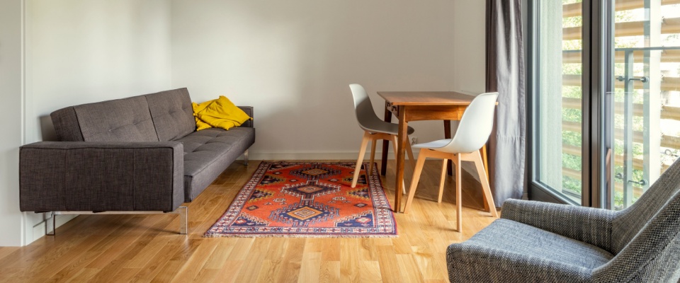 Modern living room inside a compact micro-apartment, featuring smart interior design and space-saving furniture in a small apartment layout.