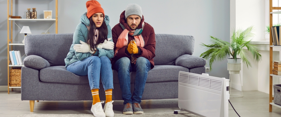 Couple bundled in winter clothing sitting indoors near a space heater—illustrating why renters should ask about heating standards and indoor temperature requirements before choosing apartments in Albany, NY.