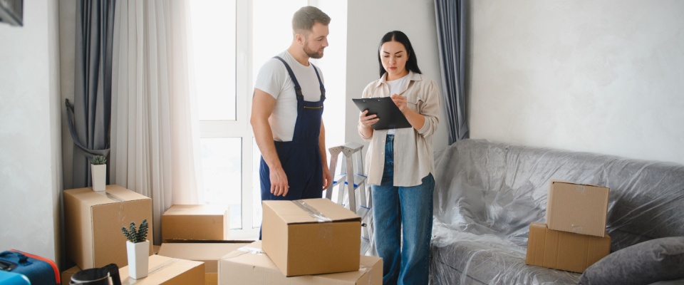 A person with a professional mover, using an inventory checklist when moving.