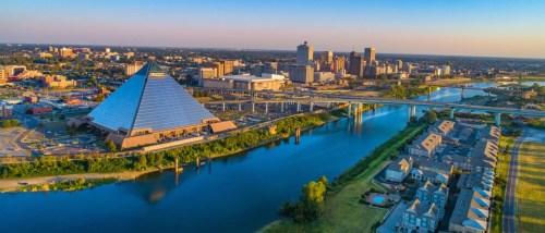New apartments in Memphis highlighted by an aerial view of the downtown Memphis skyline, showcasing the city’s urban landscape from above.