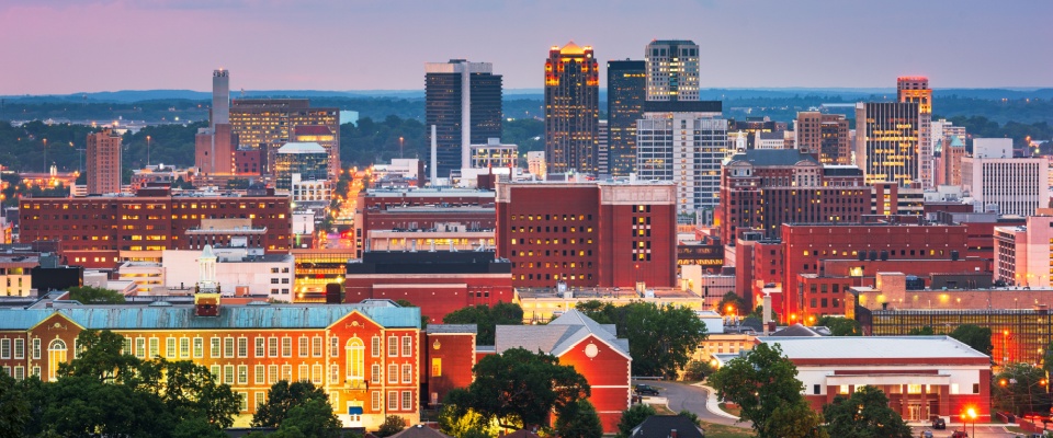 Birmingham, Alabama skyline at dusk, highlighting one of the top cities to watch for revitalized downtown living and urban growth.