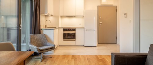 Take a look inside a modern micro-apartment featuring a stylish living area, compact kitchenette, and smart space-saving design.