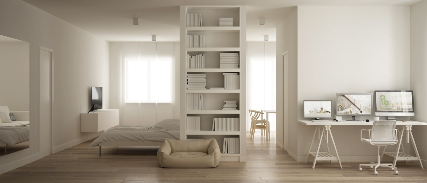 An illustration with a modern alcove studio decorated in beige colors.