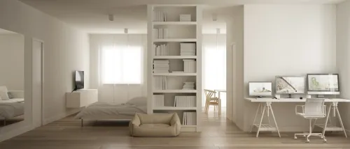 An illustration with a modern alcove studio decorated in beige colors.
