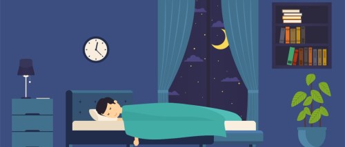 An image showing a man sleeping in his bed with a clock on the wall and a window in the background, which reveals the moon and stars to illustrate quiet hours.