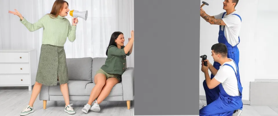 Young women suffering from loud neighbors renovating at home to illustrate quiet hours.