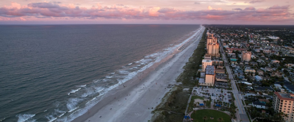 An aerial view of the beach in Jacksonville, FL.