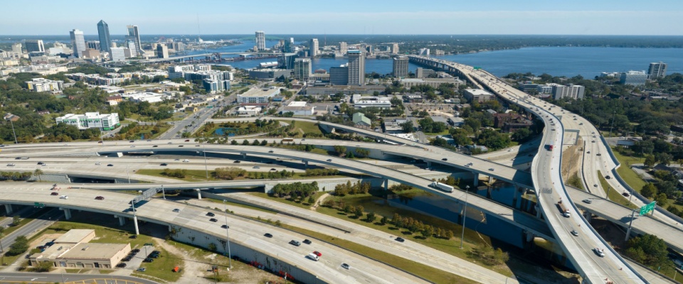 An aerial view of the interstates in Jacksonville, FL.
