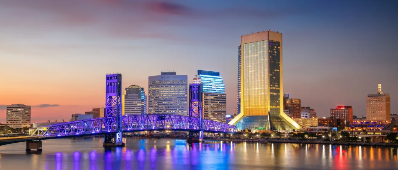 A dusk-time shot of Jacksonville, FL, a city where renters should ask these 5 questions before signing a lease.