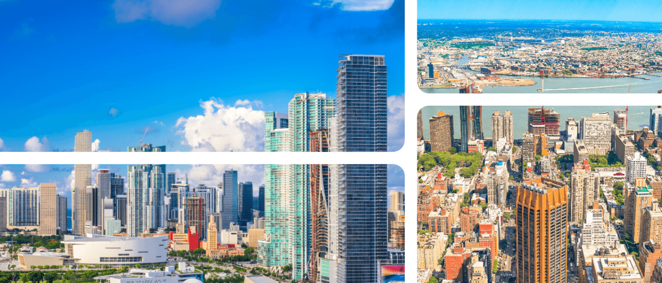 Collage of Miami waterfront towers and New York City high-rises representing a cost of living comparison for renters choosing between the two cities.