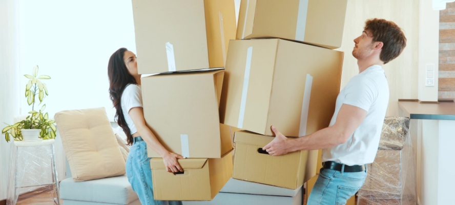 Couple carrying boxes.