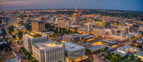 view of fresno ca skyline at dusk
