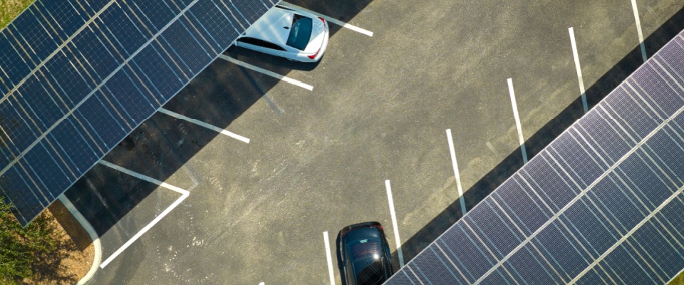 Covered parking lot with solar panels.
