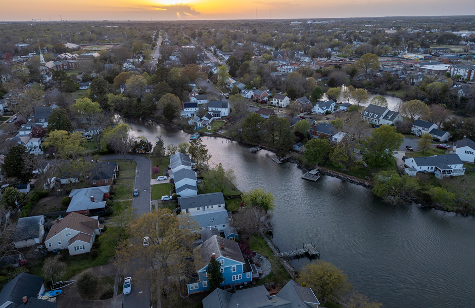 aerial view of norfolk hampton along river