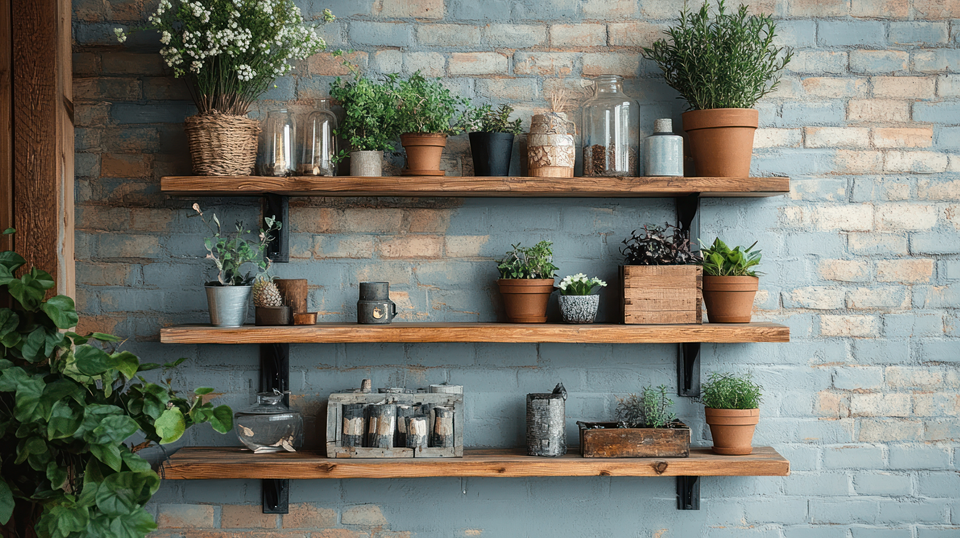 green plants and herbs in terracotta pots on wooden shelves