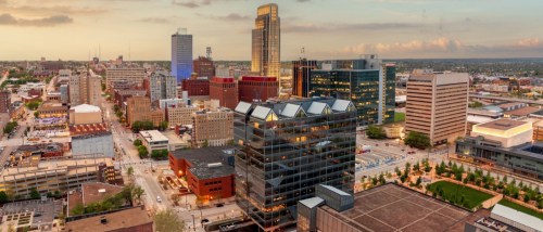 A dusk-time view of downtown Omaha, NE.