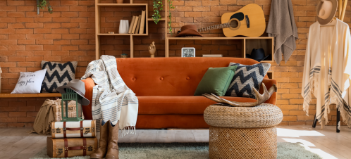 sofa in living room with many western decor accents