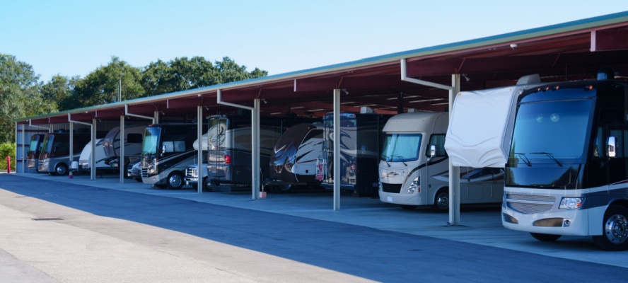 RV storage facility with RVs.