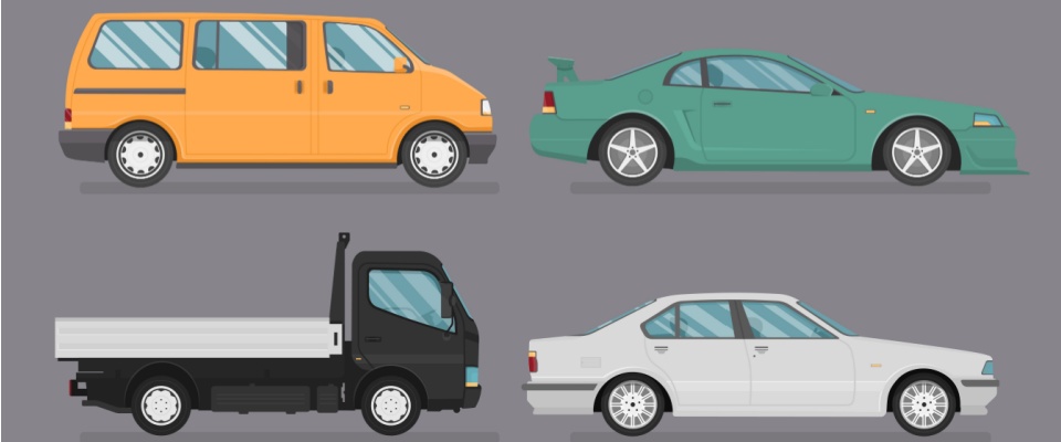 Sets of isolated cars in different colors, showing two sets of two cars parked one in front of the other to illustrate tandem parking.