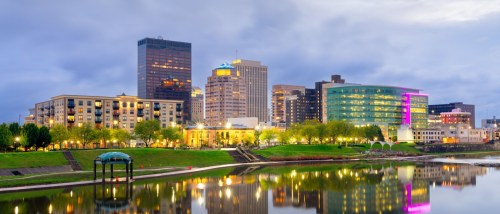 A waterfront view of the skyline in Dayton, OH, a city where you must ask these 5 questions before renting an apartment.
