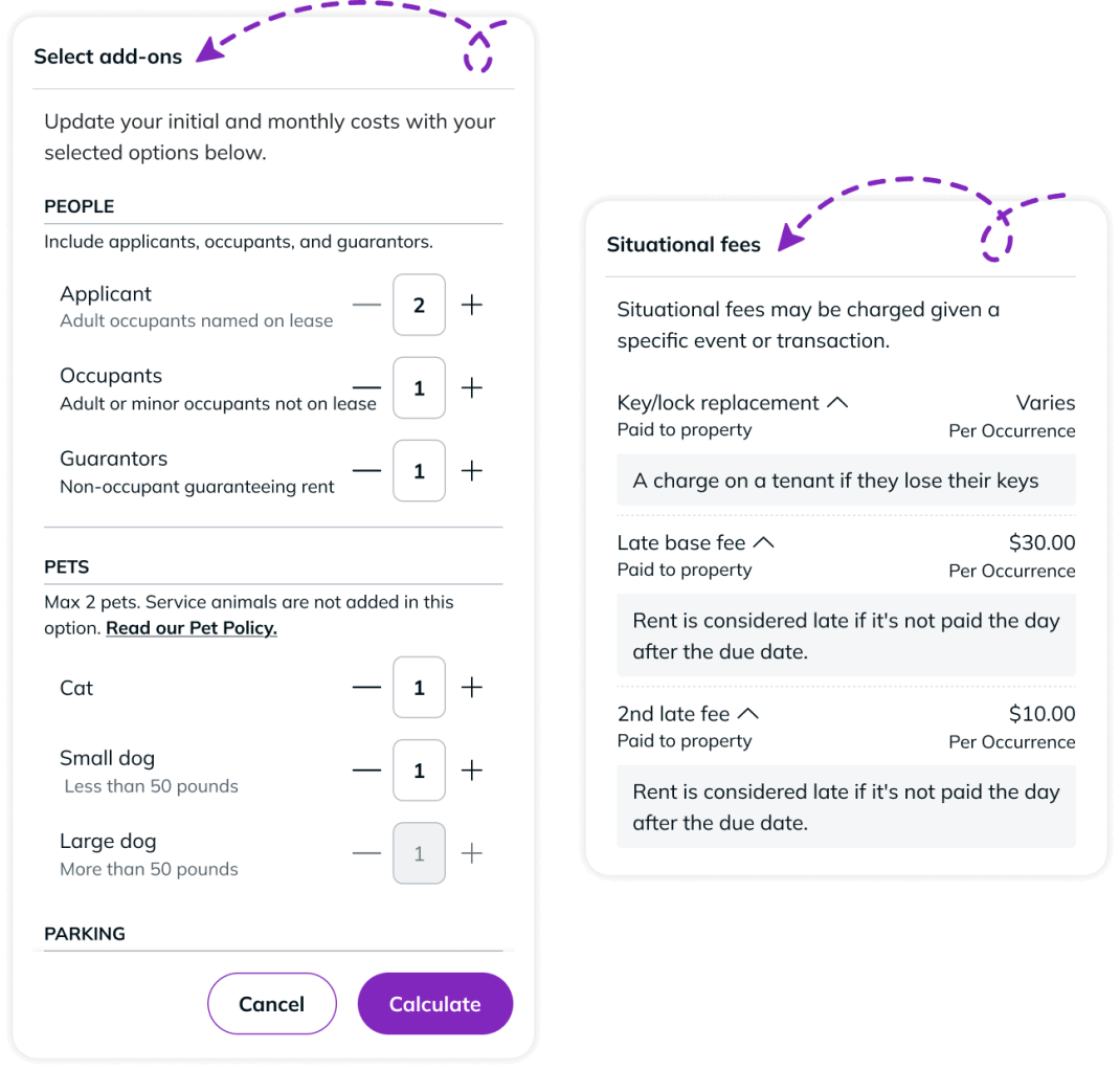 Visual showing the add-on details available to renters who use the cost calculator. 
