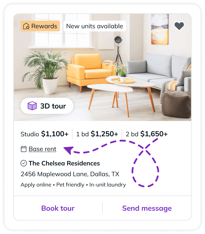 Visual showing the base rent option that can be found on the RentCafe page.
