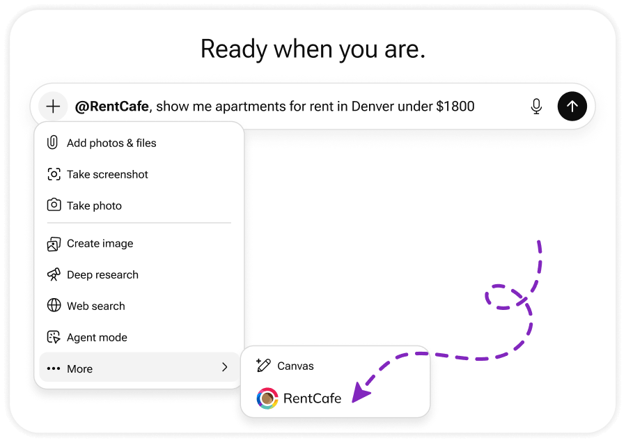 Visual showing where to find the RentCafe app in ChatGPT.