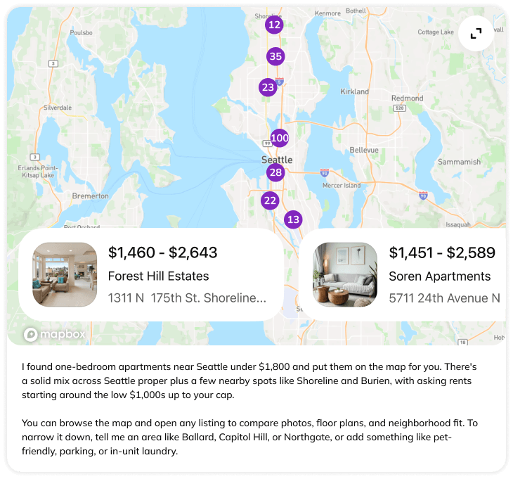 Visual showing a result of an apartment search using the RentCafe app in ChatGPT.