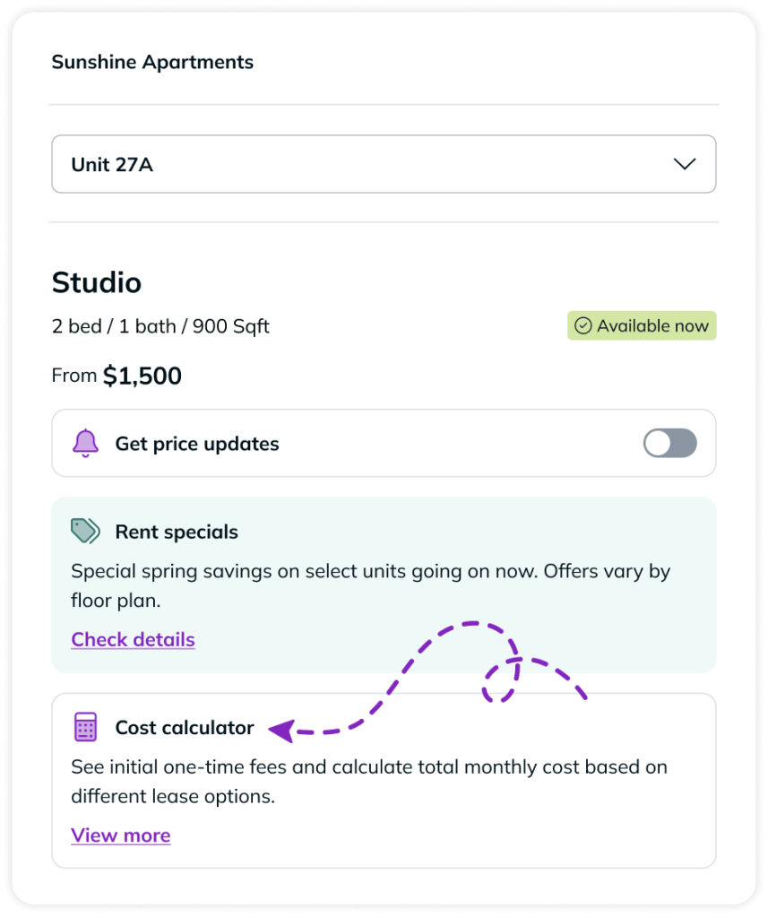 Visual showing where to find the cost calculator on the RentCafe page.