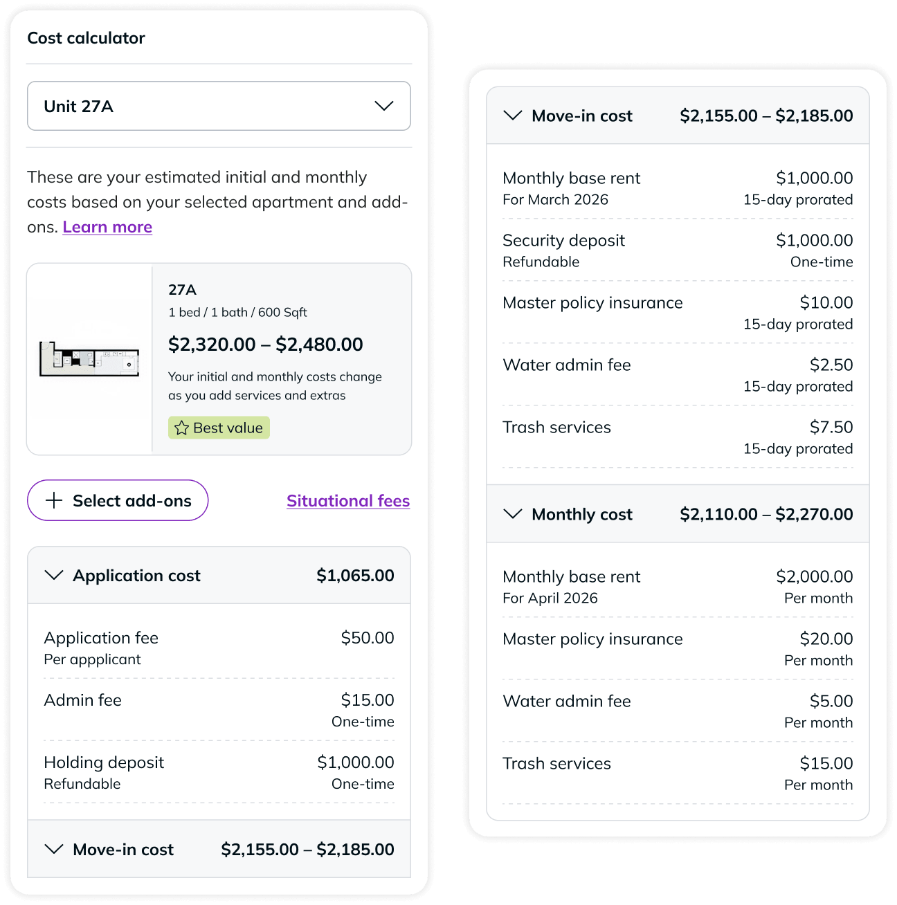 Visual showing the additional options available to the cost calculator.