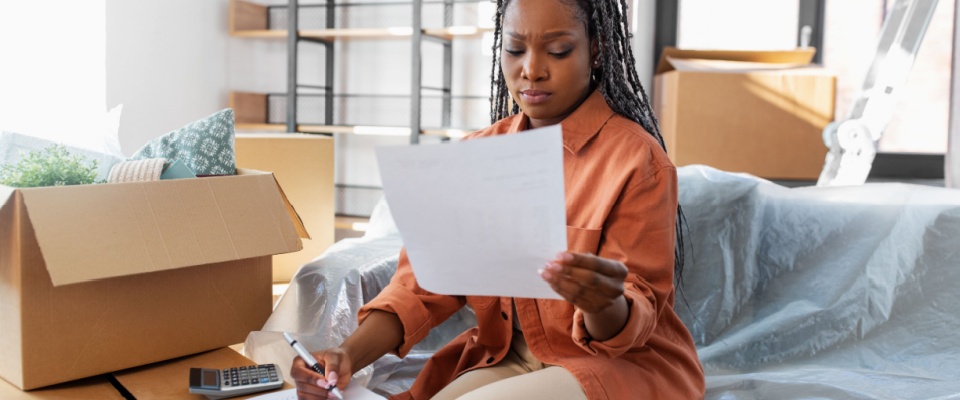 Woman in a new home reviewing bills with a calculator, representing financial planning and managing a move-in budget.