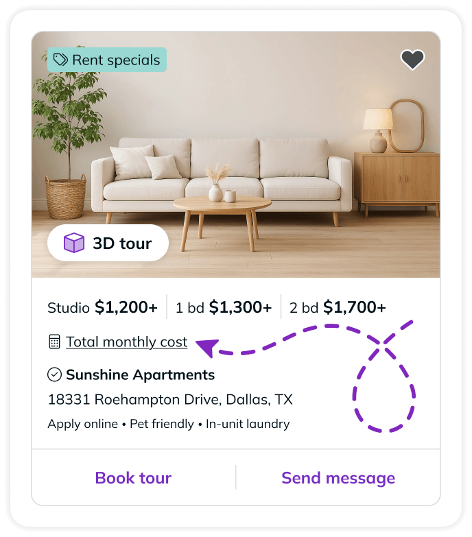 Visual showing where to find the total monthly cost on the RentCafe page.