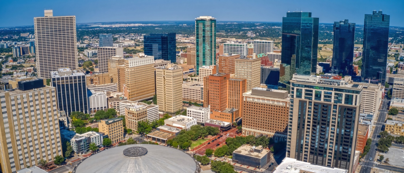 An aerial photo of Fort Worth, TX, a city where the cost of living is below the U.S. average.