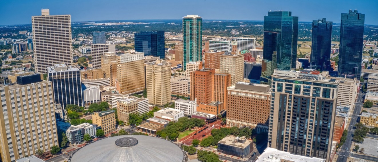 An aerial photo of Fort Worth, TX, a city where the cost of living is below the U.S. average.