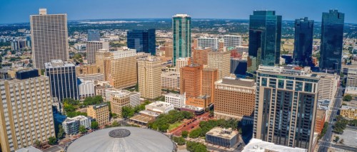 An aerial photo of Fort Worth, TX, a city where the cost of living is below the U.S. average.