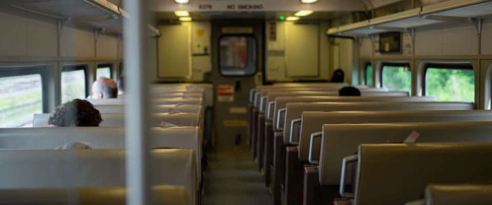 The interior of a Metro North railroad train, part of the public transport in Yonkers, NY.