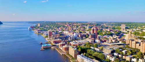Aerial view of Getty Square in Yonkers, NY and the city of Yonkers in the distance.