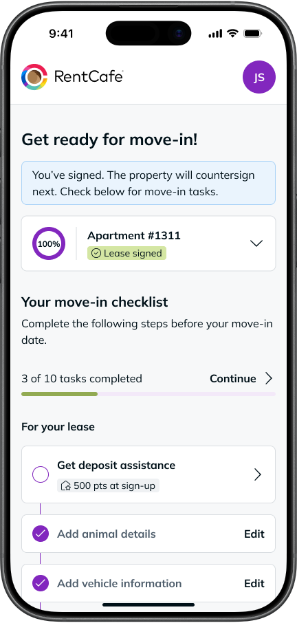 RentCafe mobile app move-in checklist screen showing lease signed status, deposit assistance option, and completed tasks for animal and vehicle details.