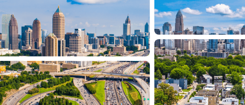 Atlanta skyline with highway interchange and Charlotte, NC, skyline with tree-lined neighborhoods, illustrating a cost of living comparison for renters choosing between the two cities.