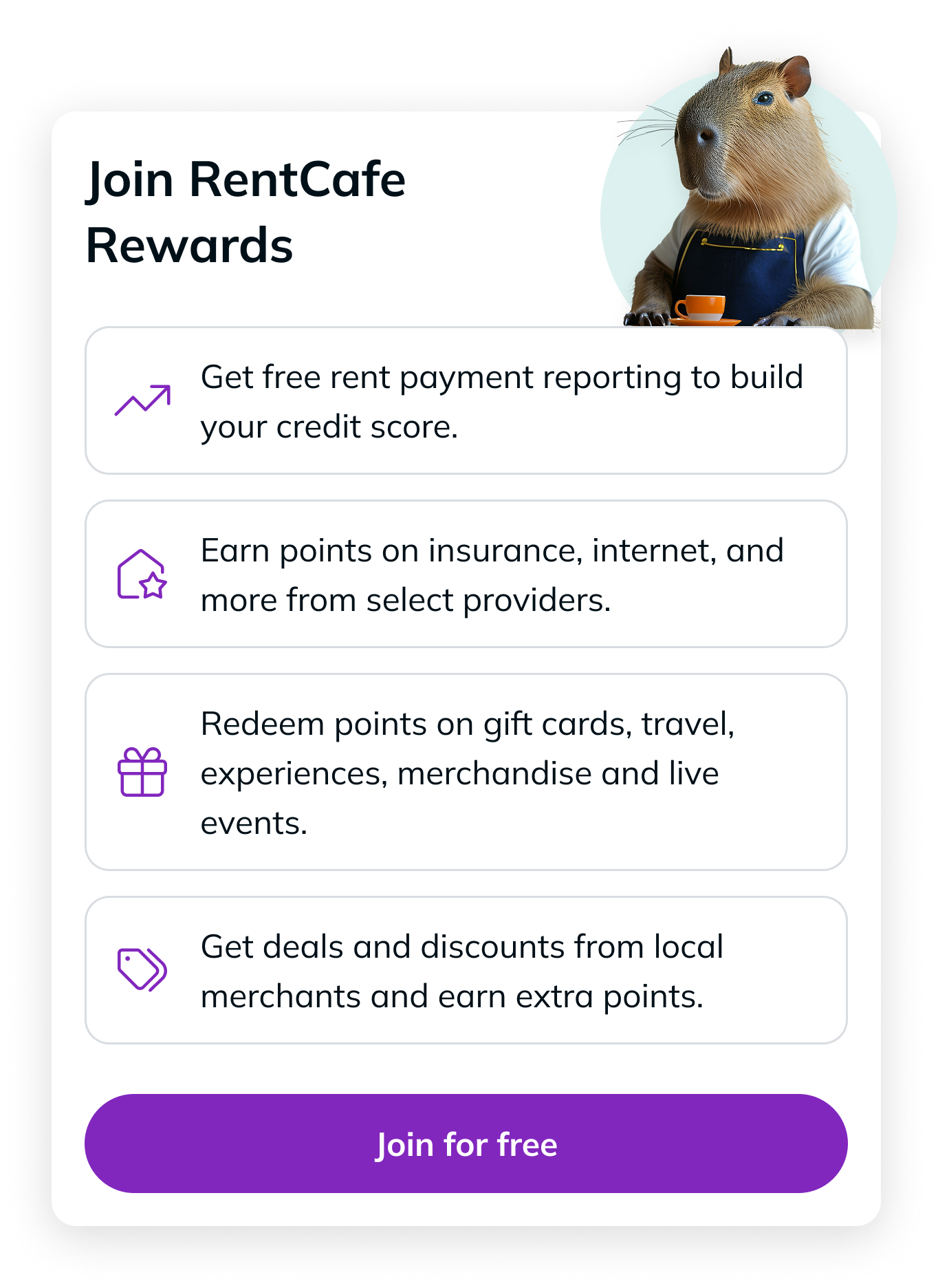 RentCafe Rewards enrollment card highlighting free rent payment reporting to build credit, earn points, redeem rewards, and access local deals.