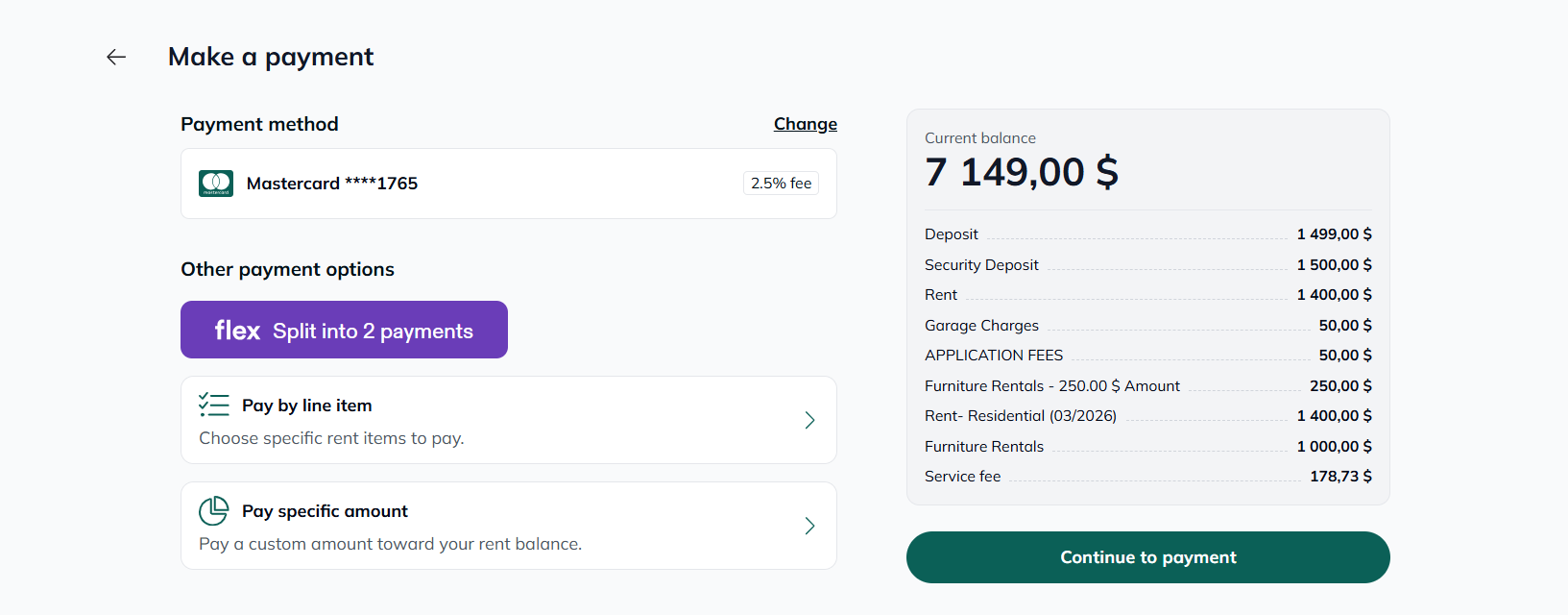 "Make a payment" screen in a resident portal showing payment method, flexible rent option with Flex to split into 2 payments, pay by line item, and pay specific amount, alongside a detailed balance breakdown including deposit, security deposit, rent, and service fees.
