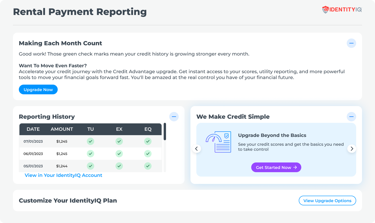 IdentityIQ rent payment reporting dashboard with monthly reporting history confirmed across TransUnion, Experian, and Equifax and credit upgrade options.