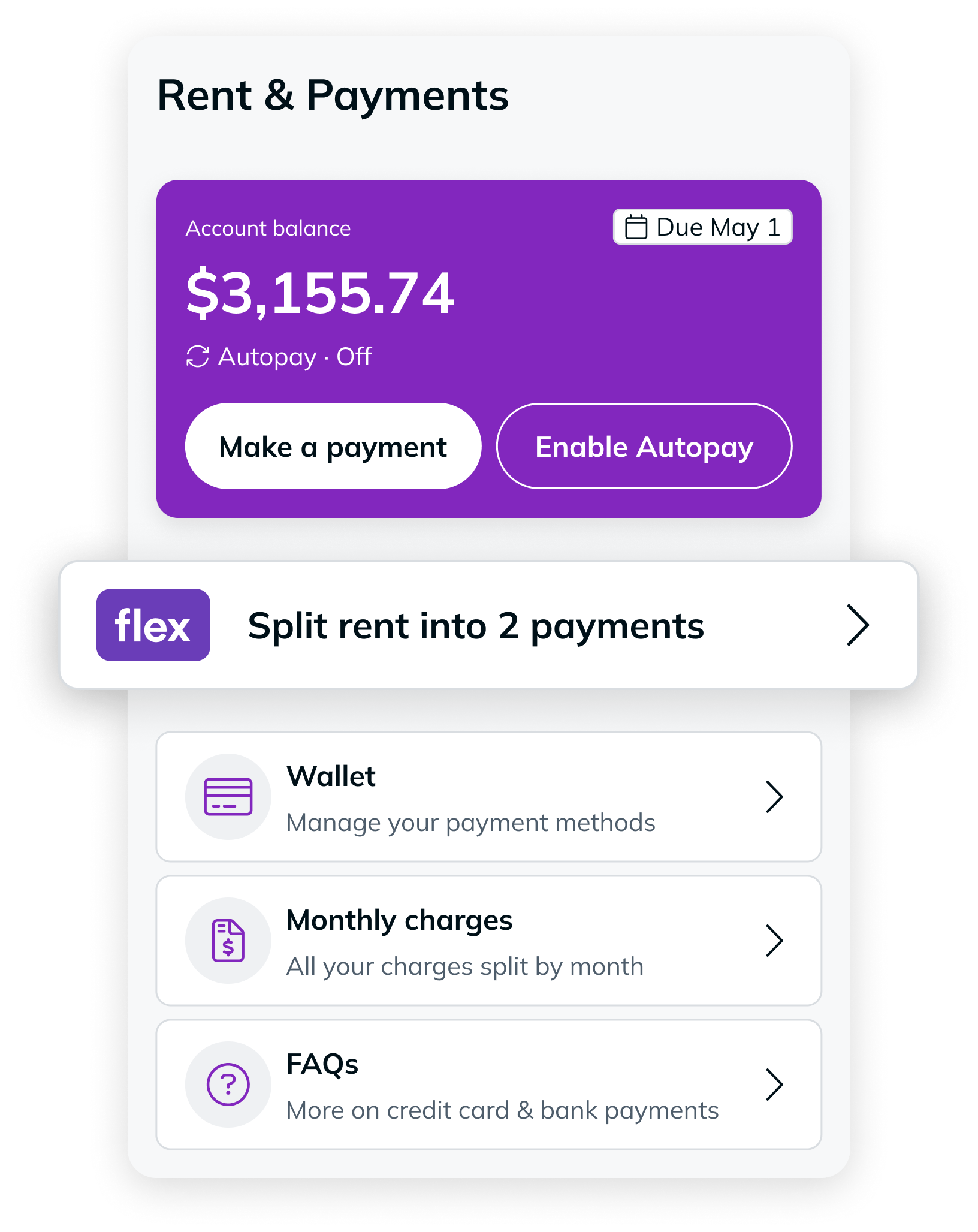Payments mobile dashboard displaying a $3,155.74 account balance due May 1 with "Make a Payment" and "Enable Autopay" buttons, a flexible rent option via Flex to split rent into two payments.