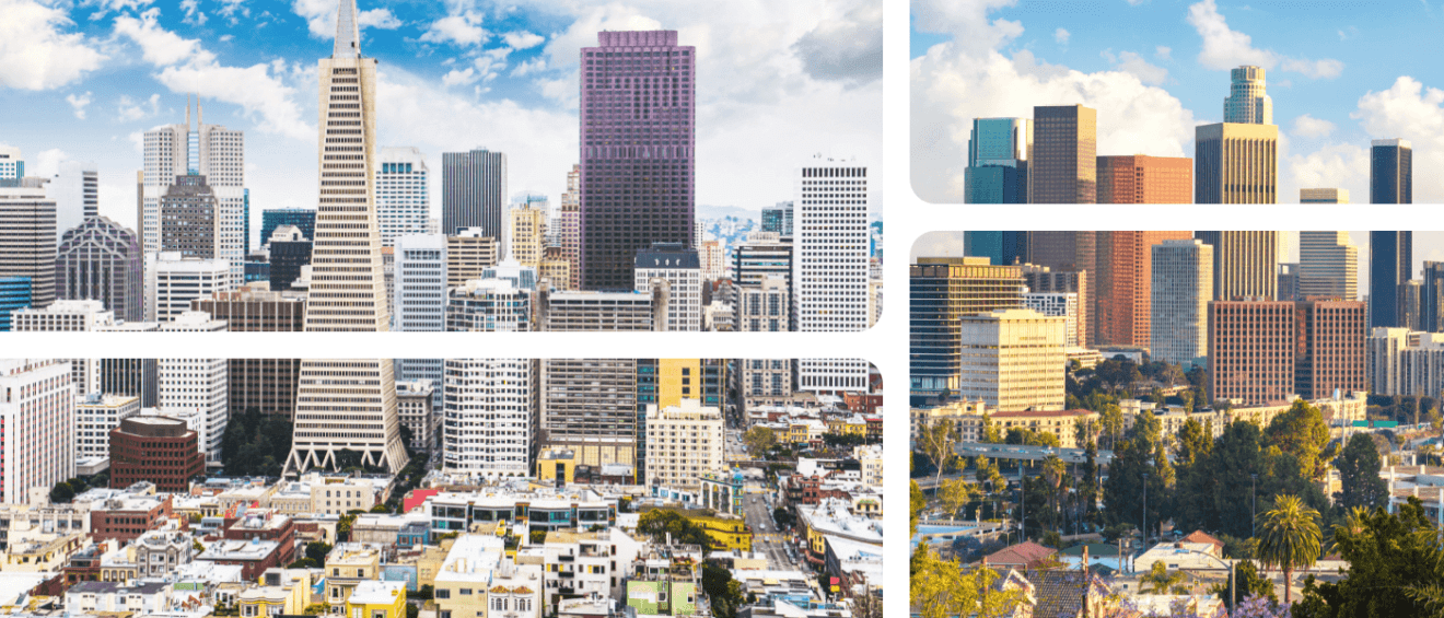 A collage image with the skylines of San Francisco and Los Angeles to illustrate the cost of living comparison between San Francisco and Los Angeles.