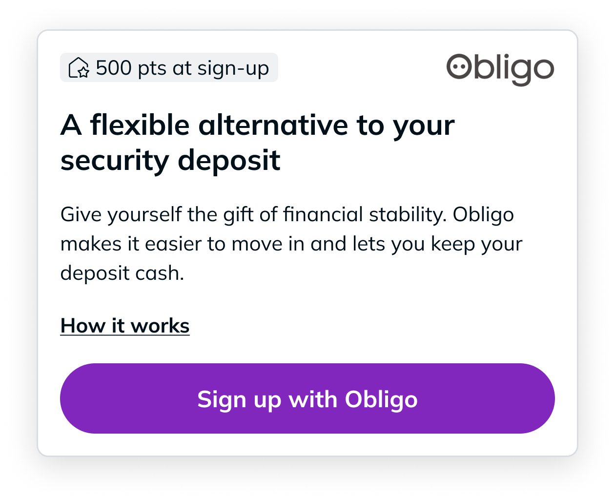 Obligo security deposit replacement sign-up card offering a flexible alternative to traditional security deposits.