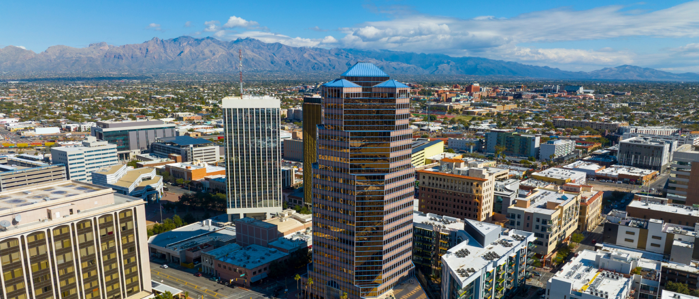 An aerial view of downtown Tucson, AZ, a city where renters can find affordable neighborhoods where rent is below the city average,
