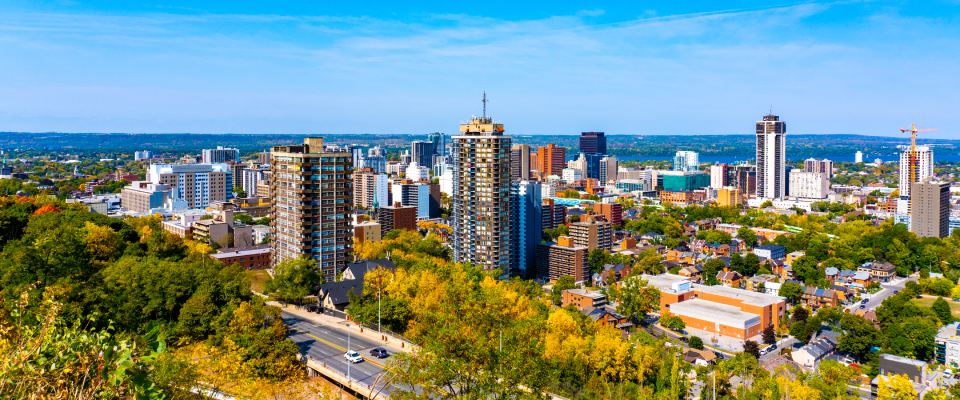 An aerial view of the skyline in Hamilton, ON, the #2 city for renter interest in Canada.