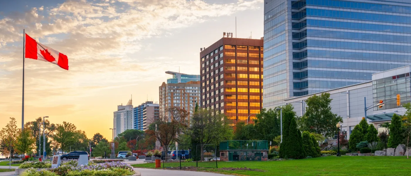 A dusk-time photo of Windsor, ON, one of the most sought-after cities by renters in the RentCafe Canada Renter Interest Report.